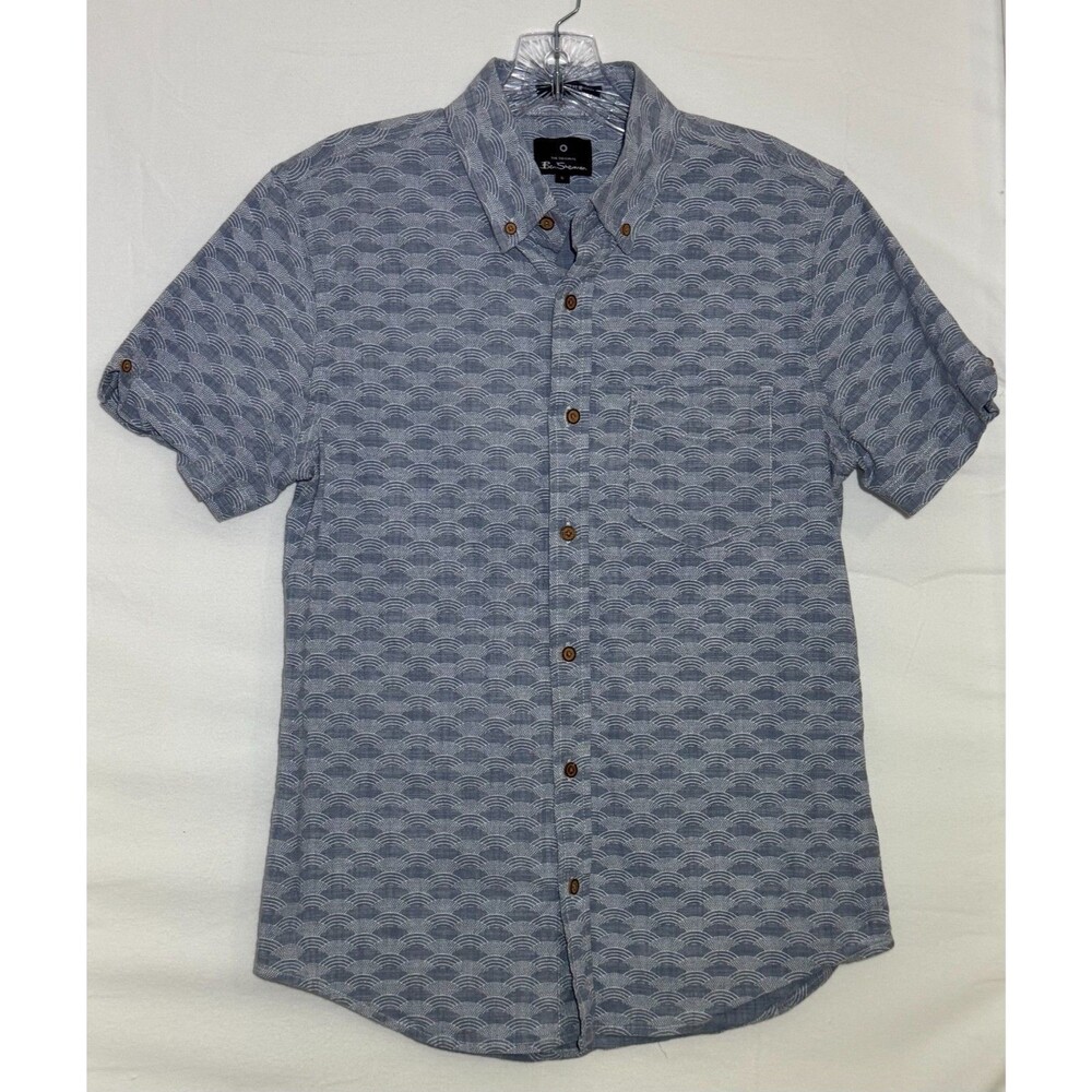 Ben Sherman Short Sleeve Button Down Shirt Blue Pattern Cotton Stretch Size S
